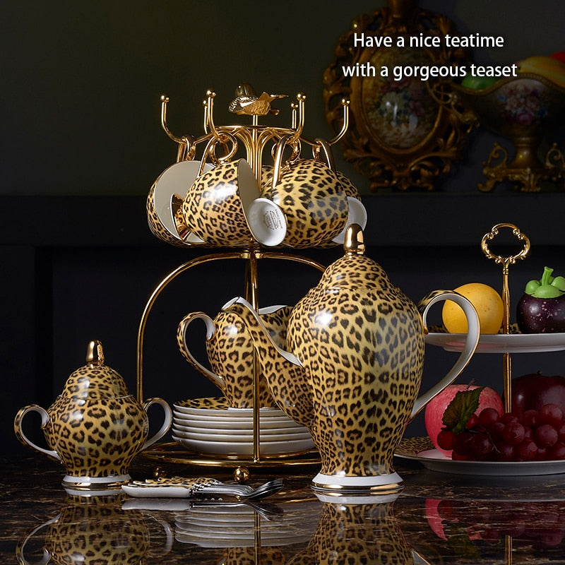 Leopard Print Bone China Coffee Set Luxury Porcelain Tea Set Pot Cup Ceramic Mug Sugar Bowl Creamer Teapot Drinkware Coffeeware