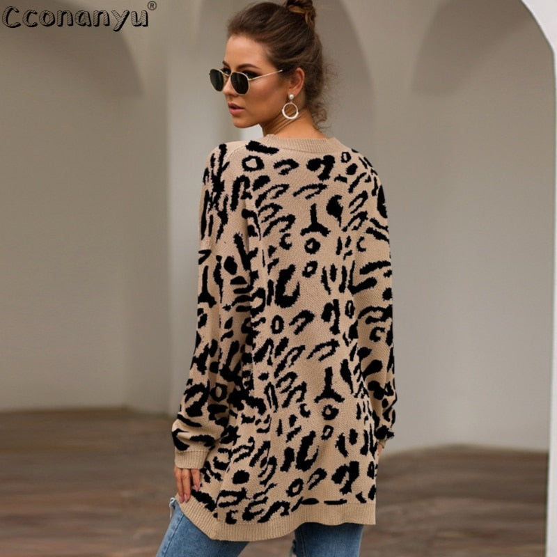 2019 Autumn winter clothing ladies long sweater fashion womens loose pullovers and sweaters leopard print knitted sweater