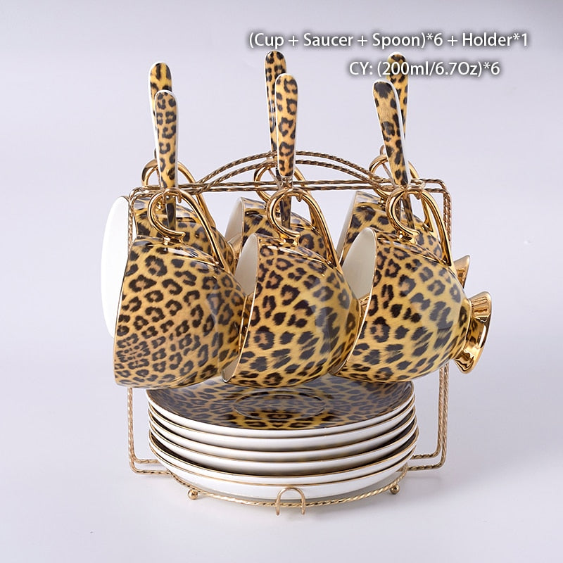 Leopard Print Bone China Coffee Set Luxury Porcelain Tea Set Pot Cup Ceramic Mug Sugar Bowl Creamer Teapot Drinkware Coffeeware