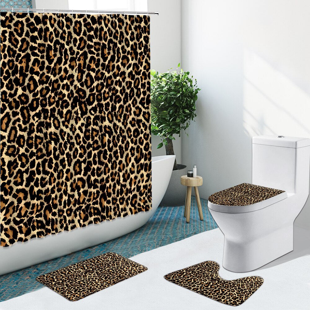 Leopard Pattern Shower Curtain Modern Cheetah Non-Slip Flannel Rug Toilet Cover Bathroom Set Bath Mat Home Indoor Decor Washable