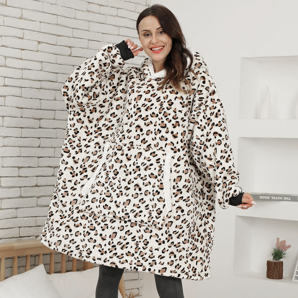 Leopard Fleece Hoodie Sweatshirt Women Oversized Hoodie Blanket With Sleeves and Pocket Oversize Pullover Sudaderas