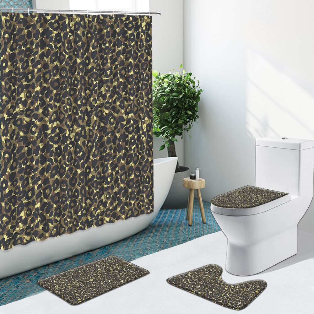 Leopard Pattern Shower Curtain Modern Cheetah Non-Slip Flannel Rug Toilet Cover Bathroom Set Bath Mat Home Indoor Decor Washable