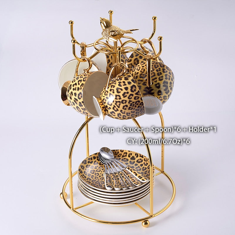 Leopard Print Bone China Coffee Set Luxury Porcelain Tea Set Pot Cup Ceramic Mug Sugar Bowl Creamer Teapot Drinkware Coffeeware