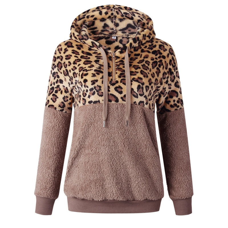 Casual Loose Plush Leopard Patchwork Hoodies Women Zipper Tops Long Sleeve Drawstring Hooded Warm Sweatshirt With Pockets Autumn