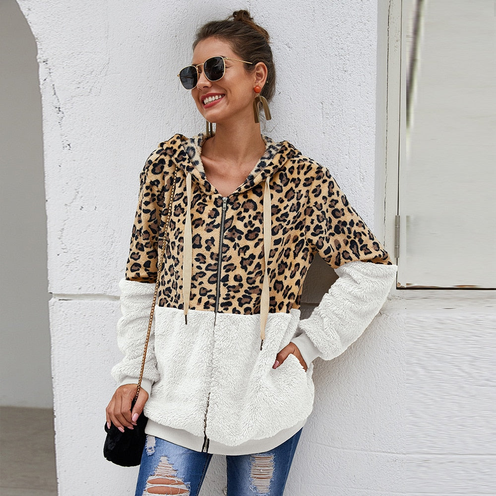 Autumn Winter Leopard Sweatshirts Women 2020 Long Sleeve Hooded Hoodies Casual Zipper Hoodie Top Warm Coat Polerones Mujer