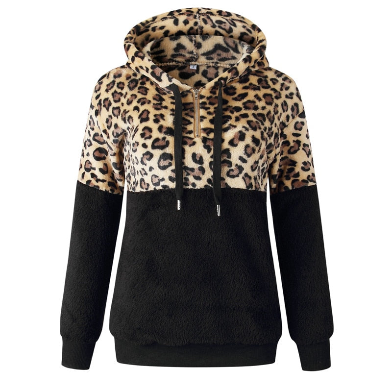 Casual Loose Plush Leopard Patchwork Hoodies Women Zipper Tops Long Sleeve Drawstring Hooded Warm Sweatshirt With Pockets Autumn