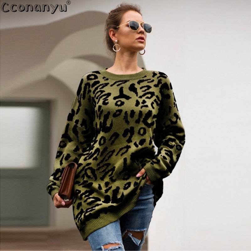 2019 Autumn winter clothing ladies long sweater fashion womens loose pullovers and sweaters leopard print knitted sweater