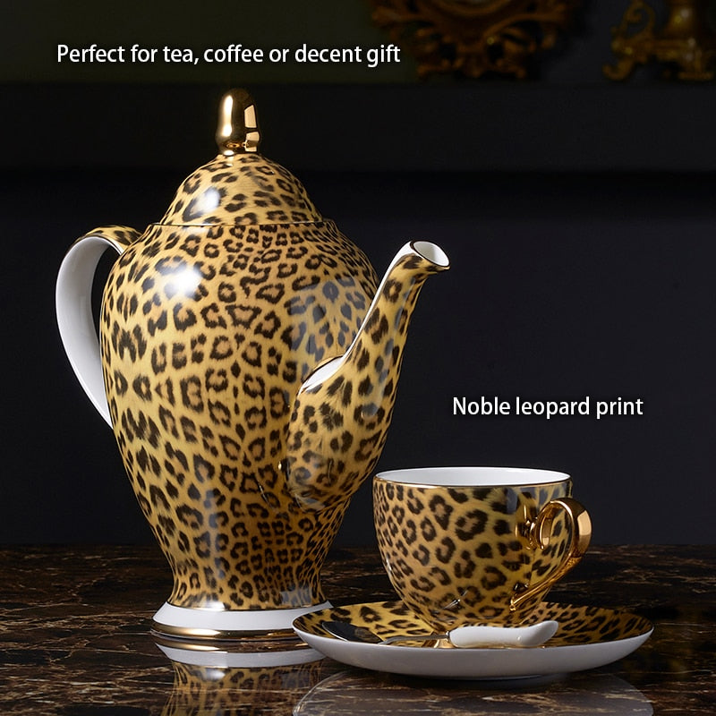 Leopard Print Bone China Coffee Set Luxury Porcelain Tea Set Pot Cup Ceramic Mug Sugar Bowl Creamer Teapot Drinkware Coffeeware