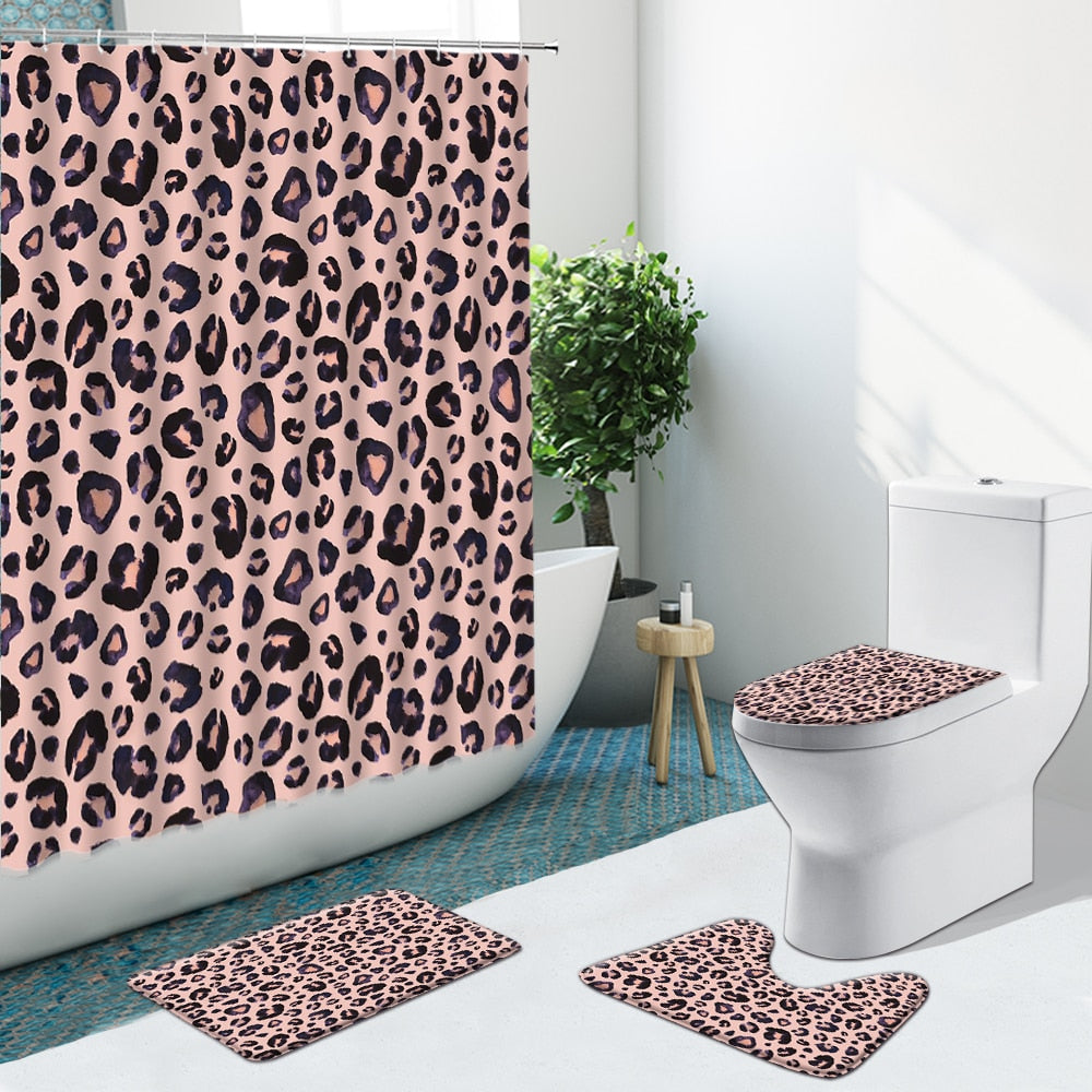 Leopard Pattern Shower Curtain Modern Cheetah Non-Slip Flannel Rug Toilet Cover Bathroom Set Bath Mat Home Indoor Decor Washable