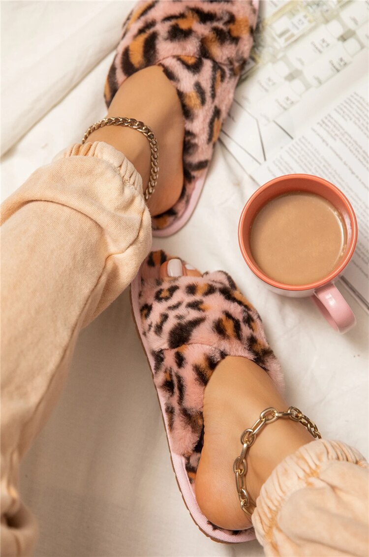 House Women Fur Slippers Indoor Leopard Print Furry Slides Fluffy Soft Plush Flats Non Slippers Home Casual Shoes Ladies Female