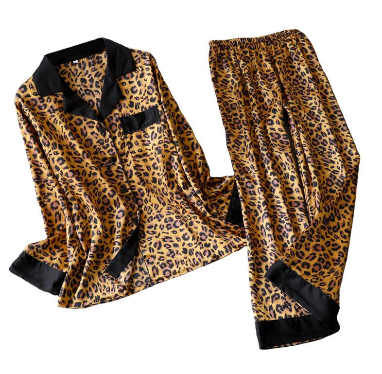 Leopard Pyjamas Women Long Sleeve 2 Pcs Suit Casual Silk Home Clothing Sleepwear