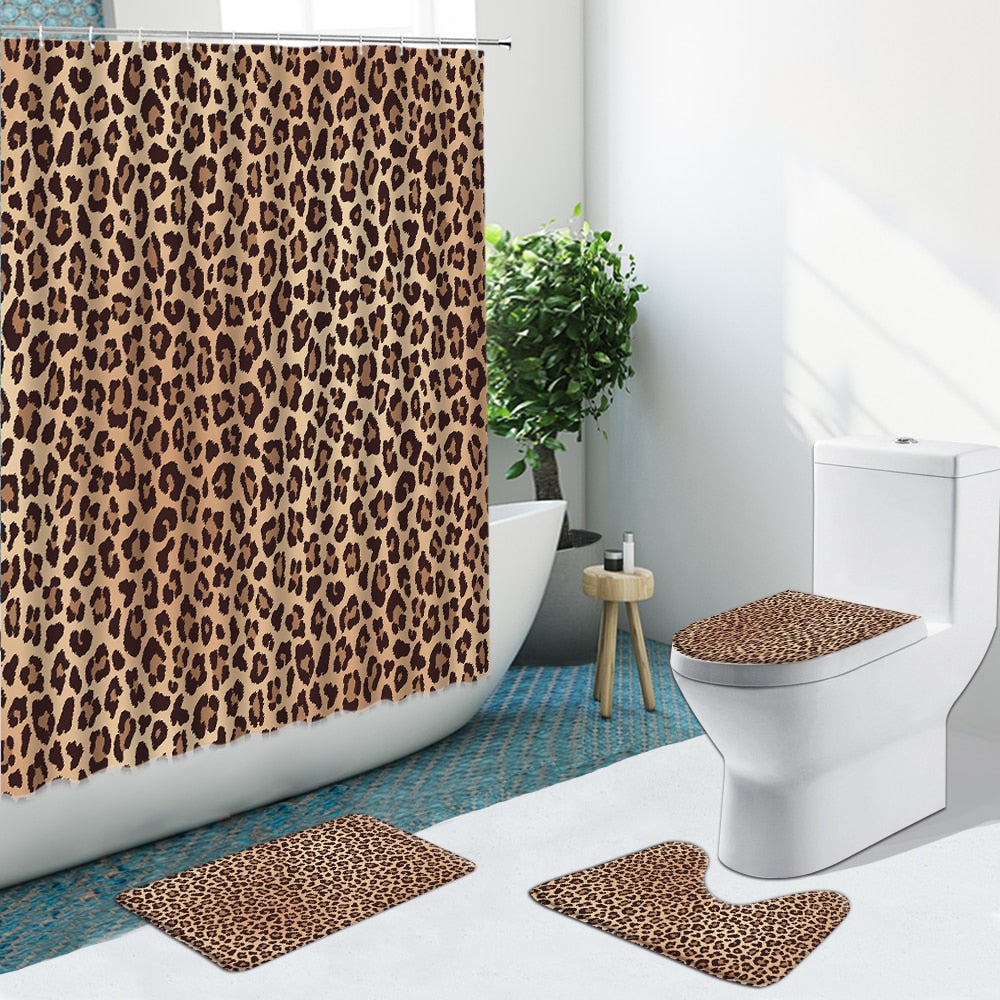 Leopard Pattern Shower Curtain Modern Cheetah Non-Slip Flannel Rug Toilet Cover Bathroom Set Bath Mat Home Indoor Decor Washable