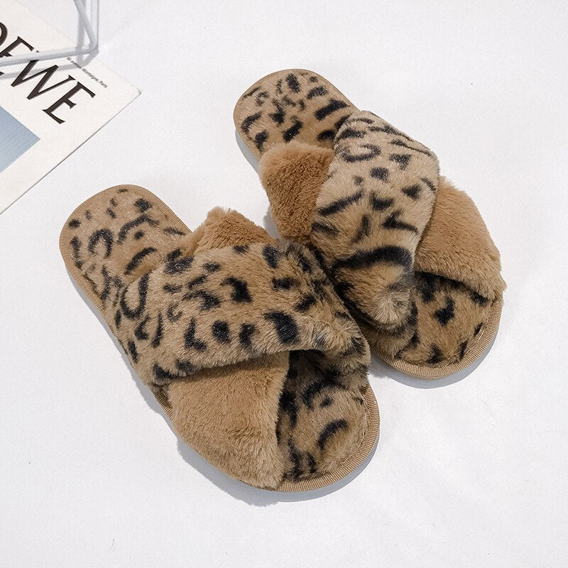 House Women Fur Slippers Indoor Leopard Print Furry Slides Fluffy Soft Plush Flats Non Slippers Home Casual Shoes Ladies Female