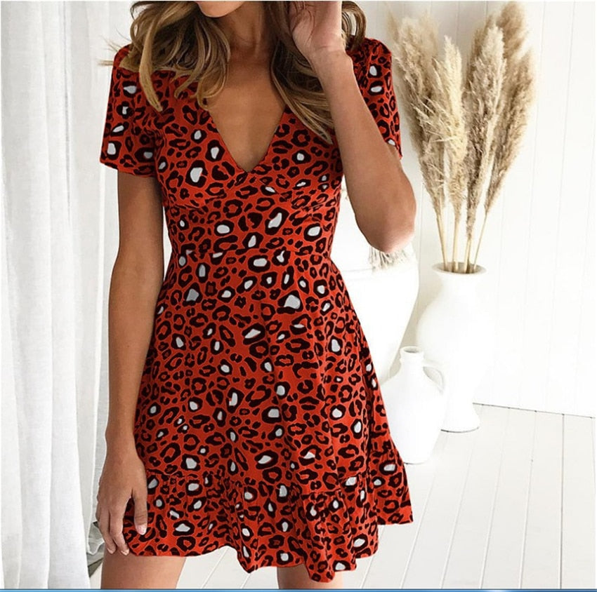 Leopard Dress Women V-neck Mini Dress 2022 Summer Dresses Casual Female Short Sleeve Dress Slim Fit Women Clothes Mini Dresses