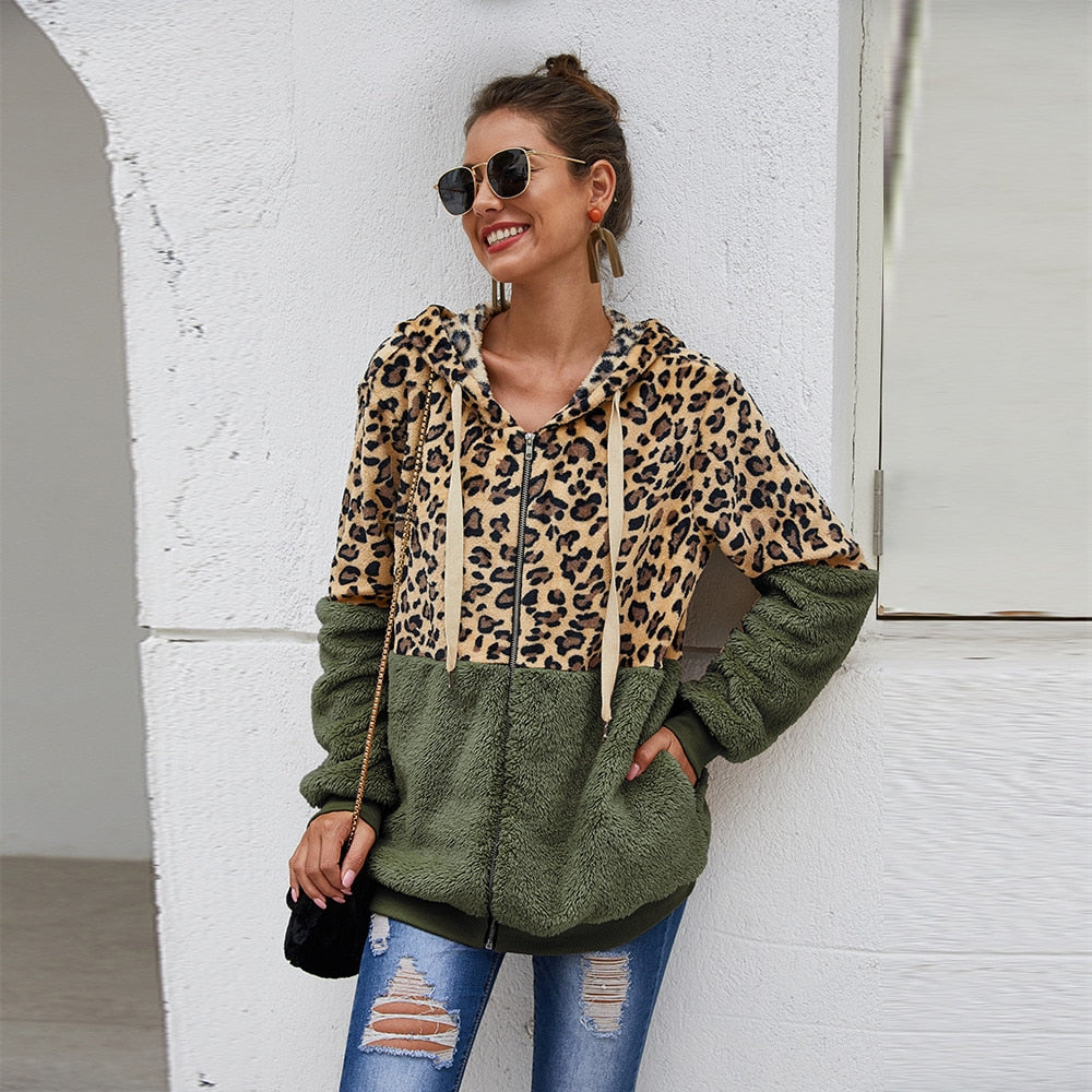 Autumn Winter Leopard Sweatshirts Women 2020 Long Sleeve Hooded Hoodies Casual Zipper Hoodie Top Warm Coat Polerones Mujer