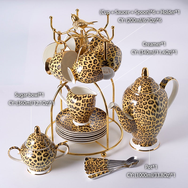 Leopard Print Bone China Coffee Set Luxury Porcelain Tea Set Pot Cup Ceramic Mug Sugar Bowl Creamer Teapot Drinkware Coffeeware