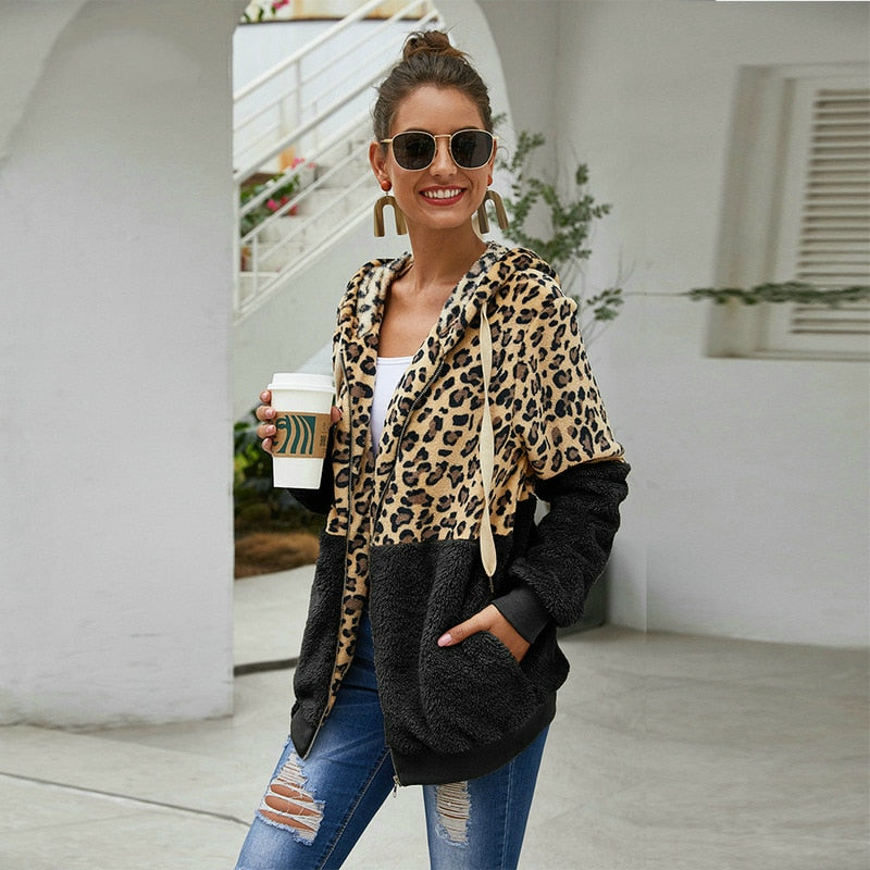 Autumn Winter Leopard Sweatshirts Women 2020 Long Sleeve Hooded Hoodies Casual Zipper Hoodie Top Warm Coat Polerones Mujer