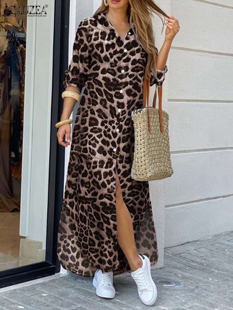 ZANZEA Party Vintage Leopard Robe 2022 Autumn Casual Long Sleeve Maxi Long Vestidos Dress Fashion Oversized Women Shirt Dress 1