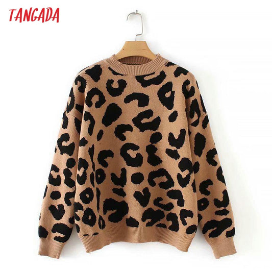 Tangada women leopard knitted sweater winter animal print thick long sleeve female pullovers casual tops 2X05