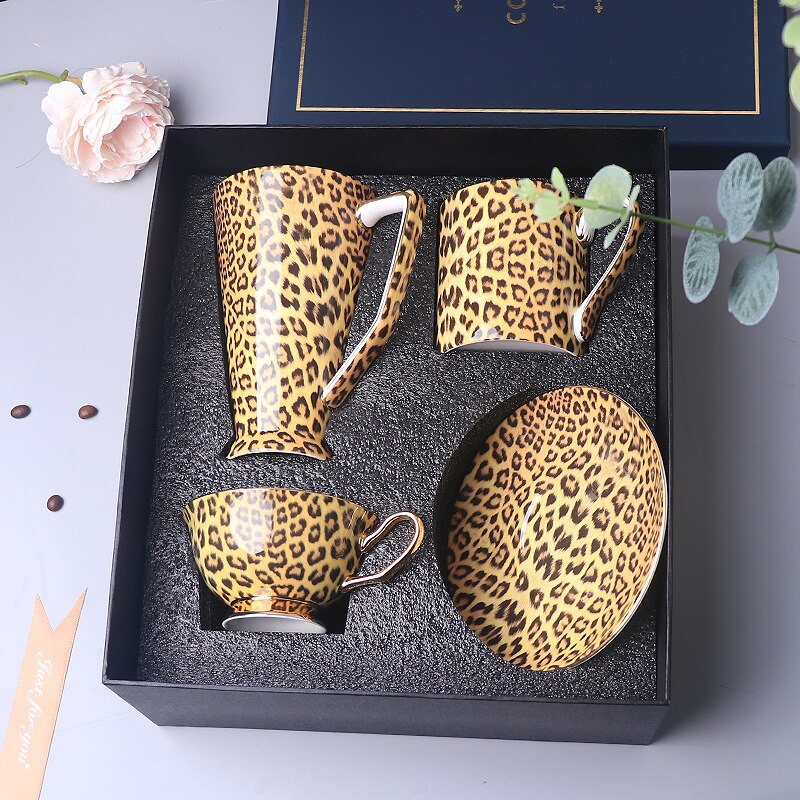 European High-Grade Bone China Coffee Mug Set Leopard Print  Ceramic Afternoon Tea Cup Water Pot Home Drinkware