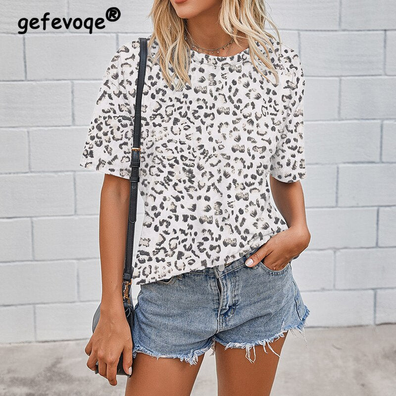 Y2K Vintage Leopard Print T-shirt Loose Casual O Neck Tee Femme Fashion All-match Comfortable Short Sleeve Tops Women Pullovers