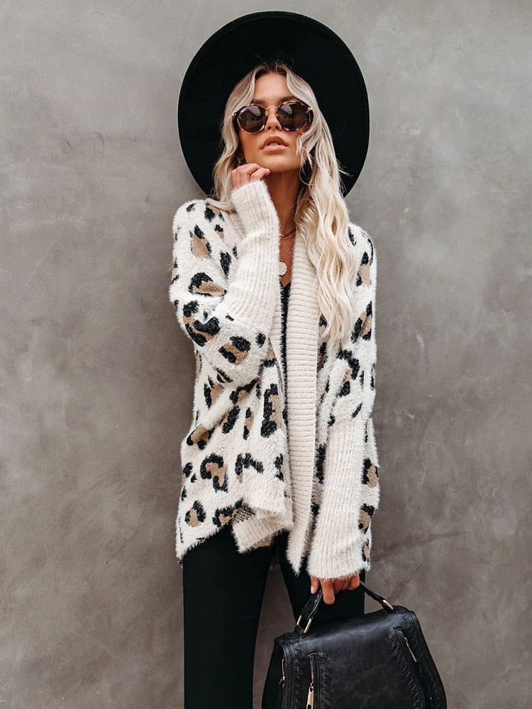 Fitshinling Fuzzy Leopard Long Cardigan Female Bohemian Slim Batwing Sleeve Overized Sweaters Cardiagns  For Women Winter Coat