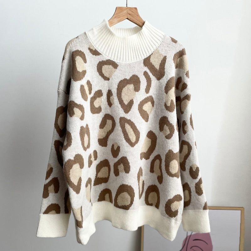 Hirsionsan Leopard Patchwork Cashmere Sweater Women Loose Casual Knitted Pullovers Autumn Soft Knitwear Female Retro Jumper