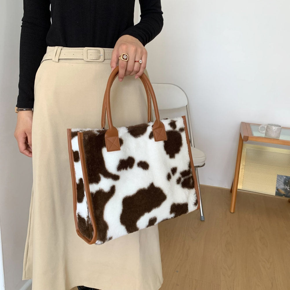 Top-Handle Bags Retro Cow Leopard Print PU Leather Plush Design Autumn Winter Fashion Small Women Small Handbags