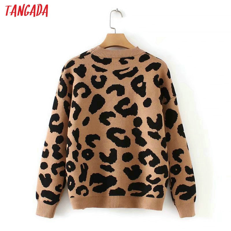 Tangada women leopard knitted sweater winter animal print thick long sleeve female pullovers casual tops 2X05