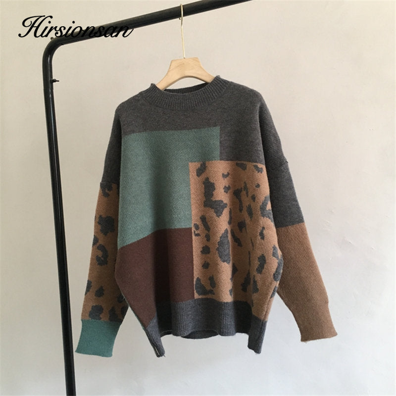 Hirsionsan Leopard Patchwork Cashmere Sweater Women Loose Casual Knitted Pullovers Autumn Soft Knitwear Female Retro Jumper