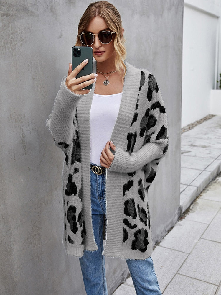 Fitshinling Fuzzy Leopard Long Cardigan Female Bohemian Slim Batwing Sleeve Overized Sweaters Cardiagns  For Women Winter Coat