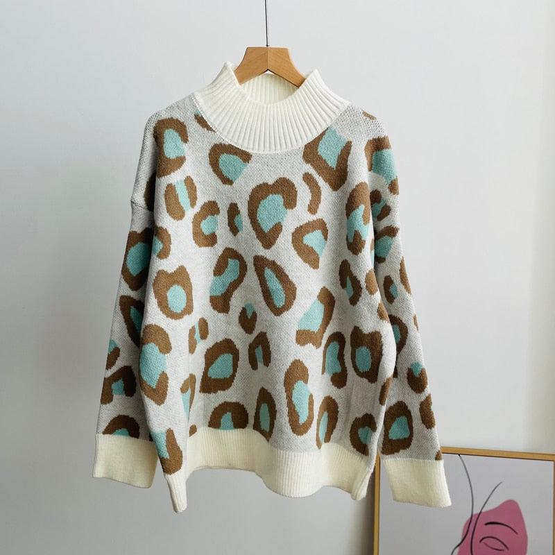 Hirsionsan Leopard Patchwork Cashmere Sweater Women Loose Casual Knitted Pullovers Autumn Soft Knitwear Female Retro Jumper