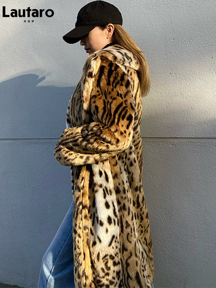 Lautaro Winter Long Warm Thick Leopard Fluffy Faux Fur Coat Women Tiger Print Runway Loose Luxury Designer Clothing Women 2022