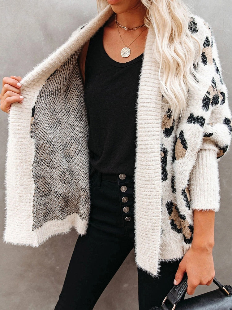 Fitshinling Fuzzy Leopard Long Cardigan Female Bohemian Slim Batwing Sleeve Overized Sweaters Cardiagns  For Women Winter Coat