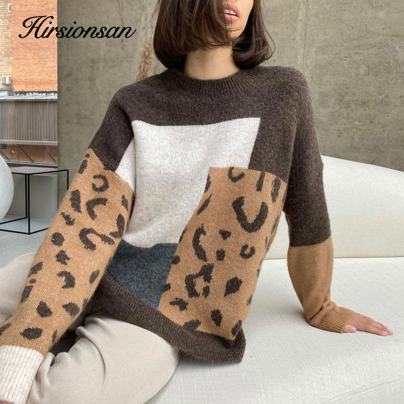 Hirsionsan Leopard Patchwork Cashmere Sweater Women Loose Casual Knitted Pullovers Autumn Soft Knitwear Female Retro Jumper