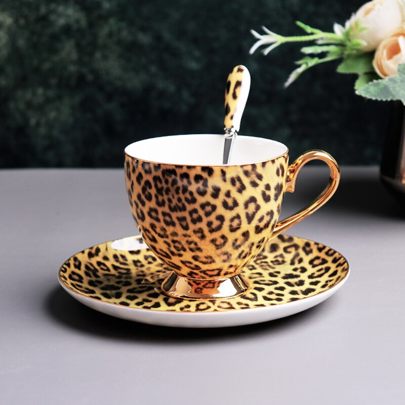 European High-Grade Bone China Coffee Mug Set Leopard Print  Ceramic Afternoon Tea Cup Water Pot Home Drinkware