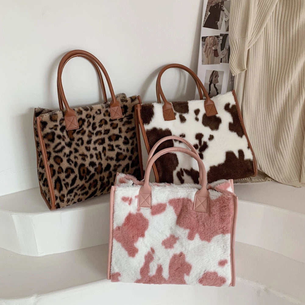 Top-Handle Bags Retro Cow Leopard Print PU Leather Plush Design Autumn Winter Fashion Small Women Small Handbags