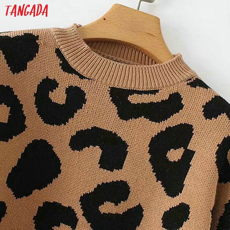 Tangada women leopard knitted sweater winter animal print thick long sleeve female pullovers casual tops 2X05