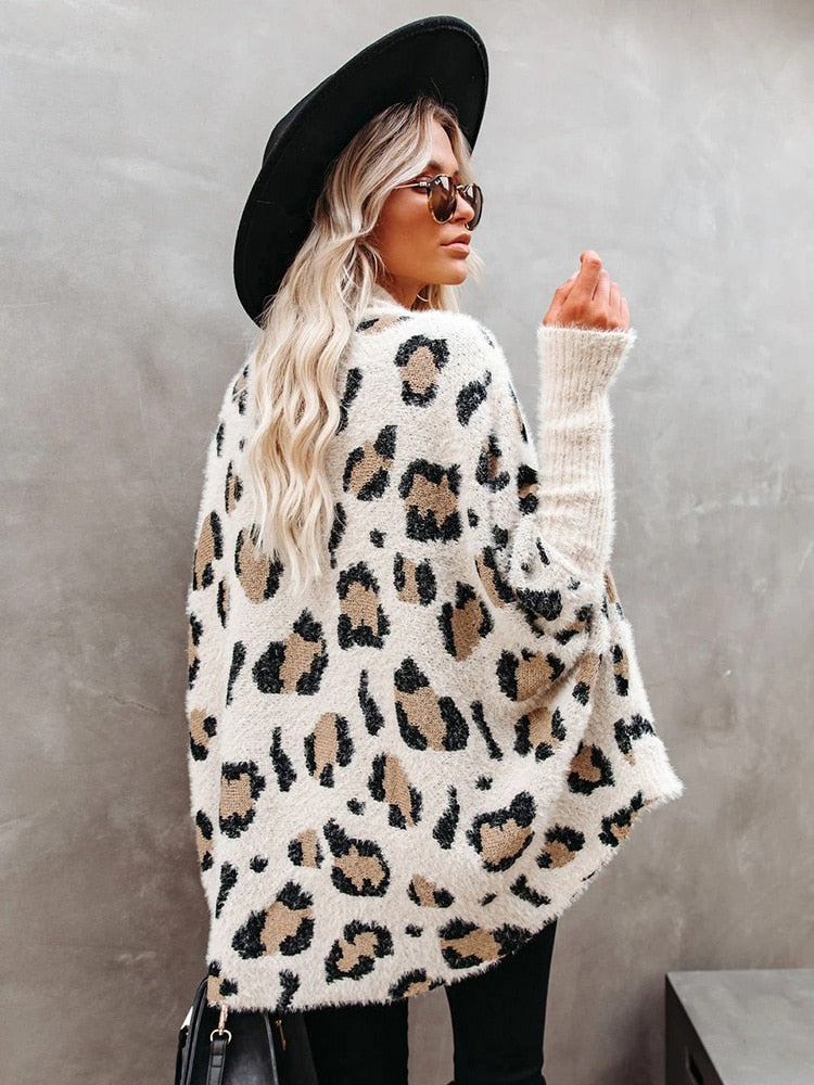 Fitshinling Fuzzy Leopard Long Cardigan Female Bohemian Slim Batwing Sleeve Overized Sweaters Cardiagns  For Women Winter Coat