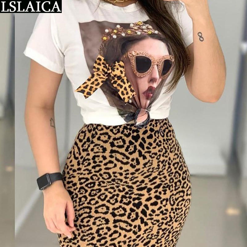 Two Peice Set For Women Casual O-Neck T Shirt&amp; Skirt Set Fashion Leopard Print Office Women Set Elegance Skinny Ropa Femenina