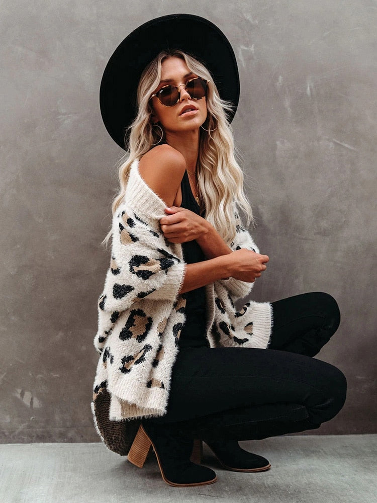 Fitshinling Fuzzy Leopard Long Cardigan Female Bohemian Slim Batwing Sleeve Overized Sweaters Cardiagns  For Women Winter Coat