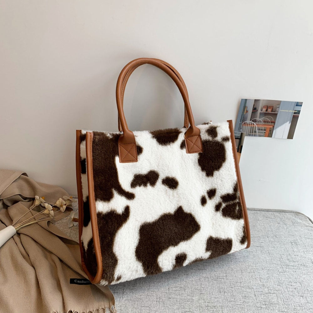 Top-Handle Bags Retro Cow Leopard Print PU Leather Plush Design Autumn Winter Fashion Small Women Small Handbags