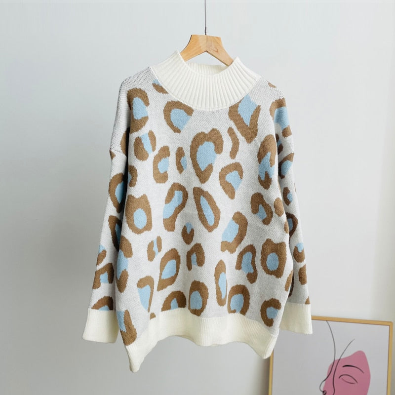 Hirsionsan Leopard Patchwork Cashmere Sweater Women Loose Casual Knitted Pullovers Autumn Soft Knitwear Female Retro Jumper