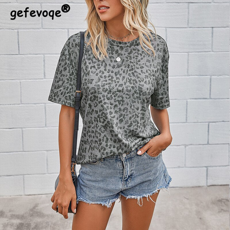 Y2K Vintage Leopard Print T-shirt Loose Casual O Neck Tee Femme Fashion All-match Comfortable Short Sleeve Tops Women Pullovers