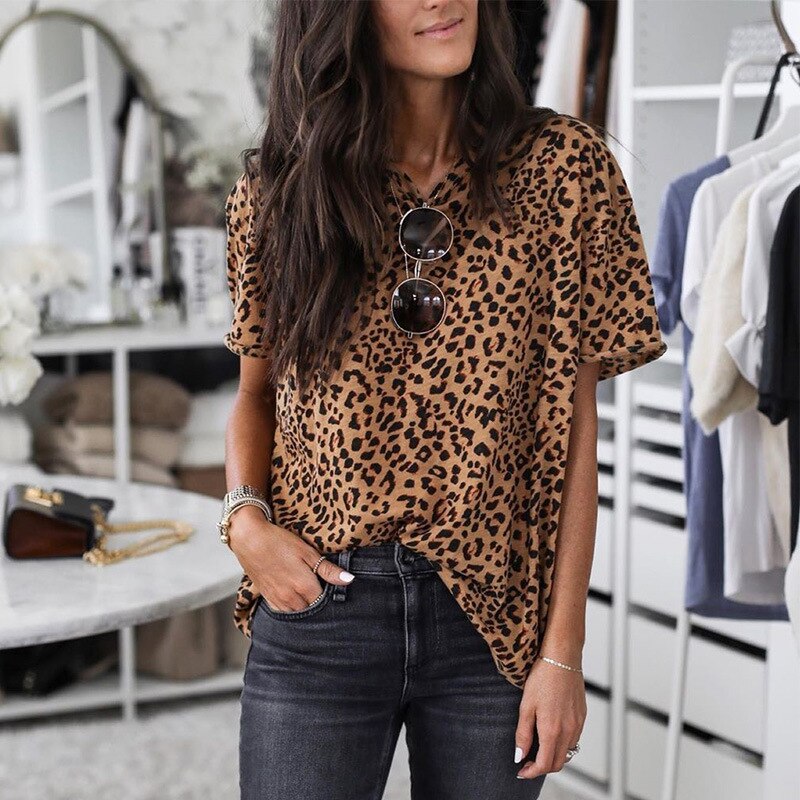 Y2K Vintage Leopard Print T-shirt Loose Casual O Neck Tee Femme Fashion All-match Comfortable Short Sleeve Tops Women Pullovers