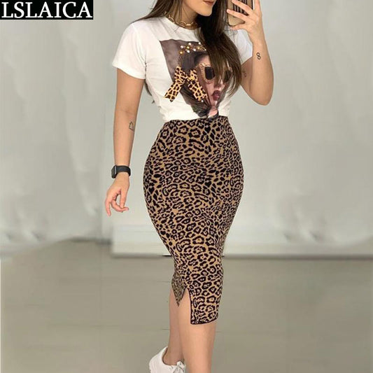 Two Peice Set For Women Casual O-Neck T Shirt&amp; Skirt Set Fashion Leopard Print Office Women Set Elegance Skinny Ropa Femenina