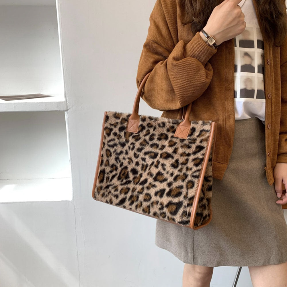 Top-Handle Bags Retro Cow Leopard Print PU Leather Plush Design Autumn Winter Fashion Small Women Small Handbags