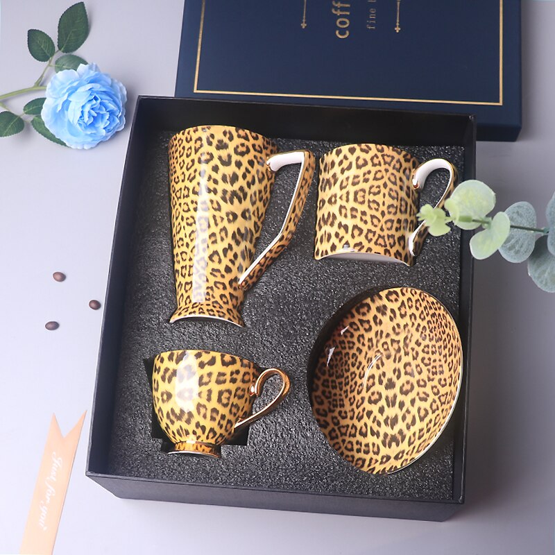 European High-Grade Bone China Coffee Mug Set Leopard Print  Ceramic Afternoon Tea Cup Water Pot Home Drinkware