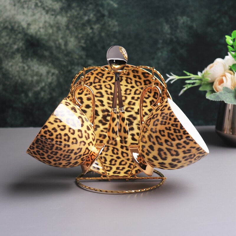 European High-Grade Bone China Coffee Mug Set Leopard Print  Ceramic Afternoon Tea Cup Water Pot Home Drinkware