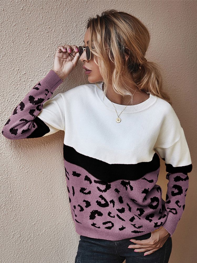 Ladies Leopard Patchwork Autumn Winter Sweater Women Tops Full Sleeve Knitted Jumper Pullovers Sweaters Female Pull Knitwear